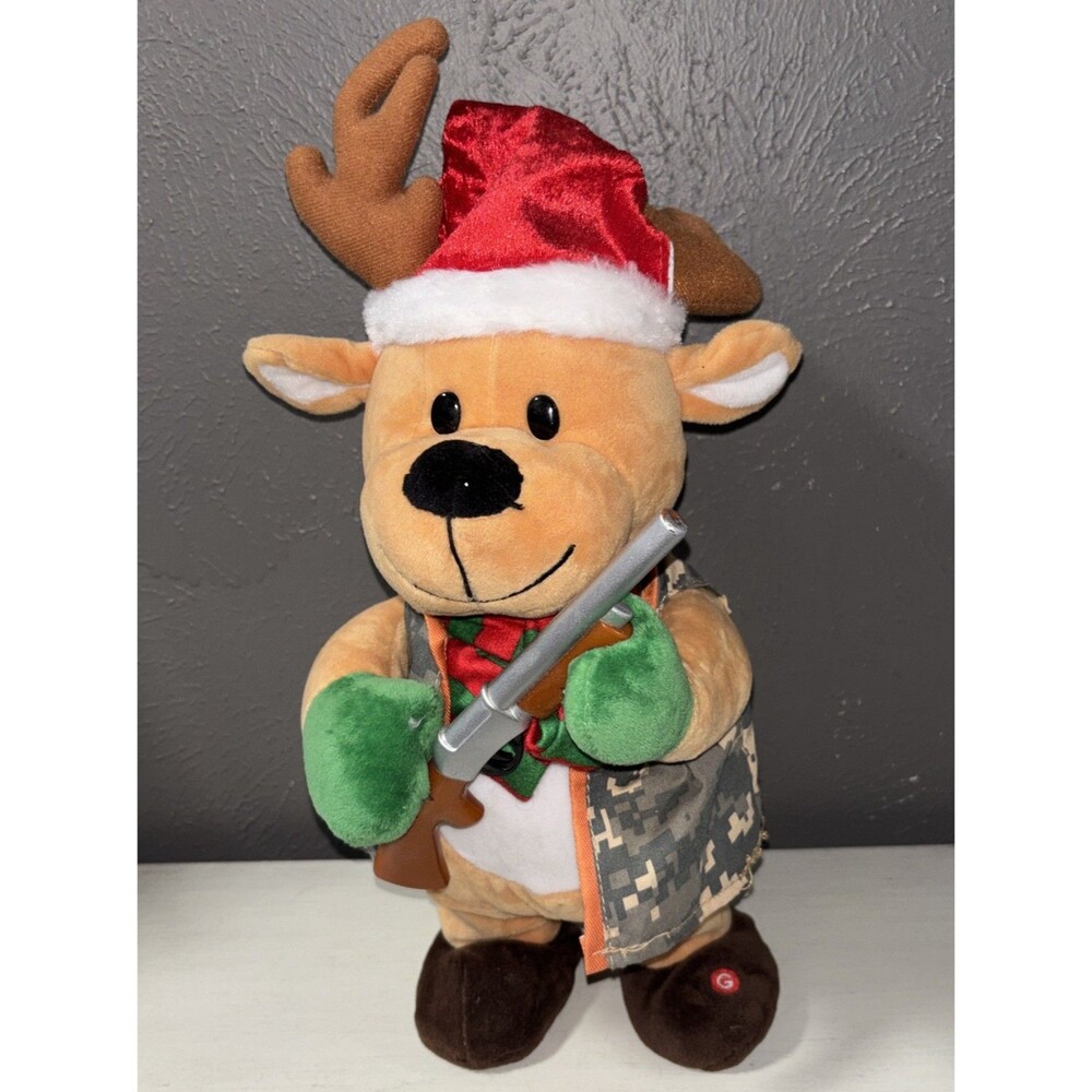 Gemmy 16" Singing Christmas Deer w/Shotgun - "Hit Me With Your Best Shot"